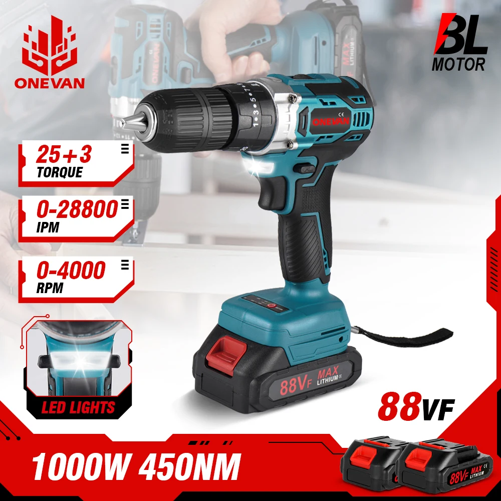 1000W 450NM Brushless Hammer Drill Impact 25+3 Torque 3 Function Cordless Electric Screwdriver Power Tool For Makita 18v Battery