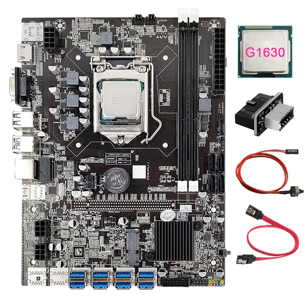 B75 8 Card BTC Mining Motherboard+G1630 CPU+USB3.0 Adapter+SATA Cable+Switch Cable 8XUSB3.0 Slot LGA1155 DDR3 RAM MSATA