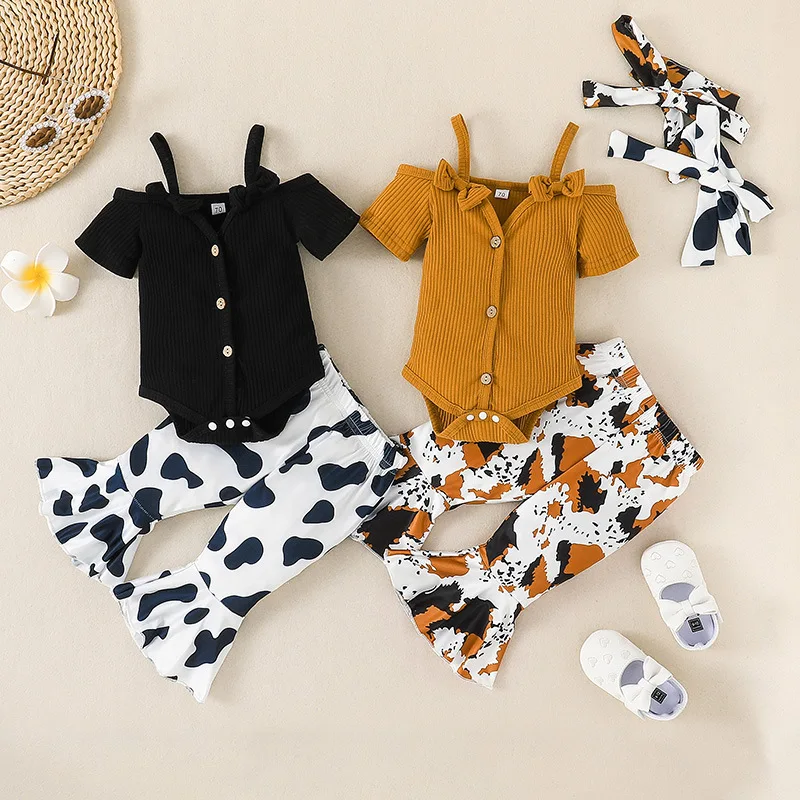 

Kids Baby Little Girl Suspender Top + Trousers + Headscarf Three-piece Baby Bell Bottoms Suit