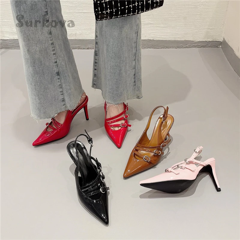 French Patent Leather Pumps Women's Pointed Toe Metal Buckle Belt Sandals 2023 Summer Thin High Heels Solid Color Women's Shoes