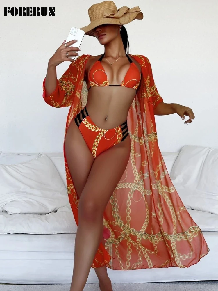 

FORERUN High Waist Bikini Push Up Swimsuit Women 2022 Chain Printed Bikini Cover Ups 3 Piece Bikini Set Beachwear Bathing Suit