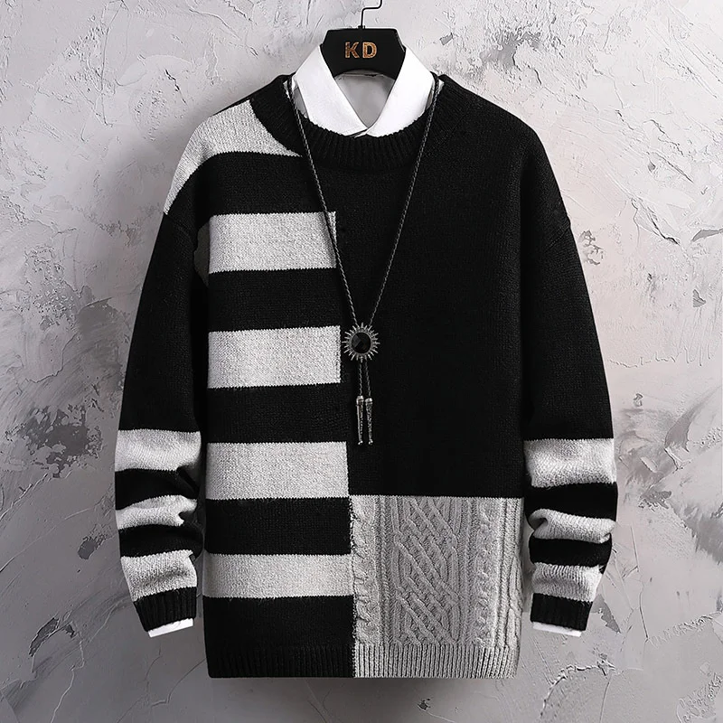 

#4024 Autumn Winter Spliced Color Men's Sweater O-neck Slim Knitted Sweater Man Pullovers Korean Fashion Thick Warm Knitwear Man