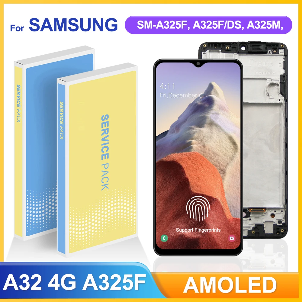 

ЖК-дисплей Super AMOLED для Samsung Galaxy A32 A325 A325F A325N, экран с дигитайзером в сборе с рамкой и дактилоскопическим сенсором