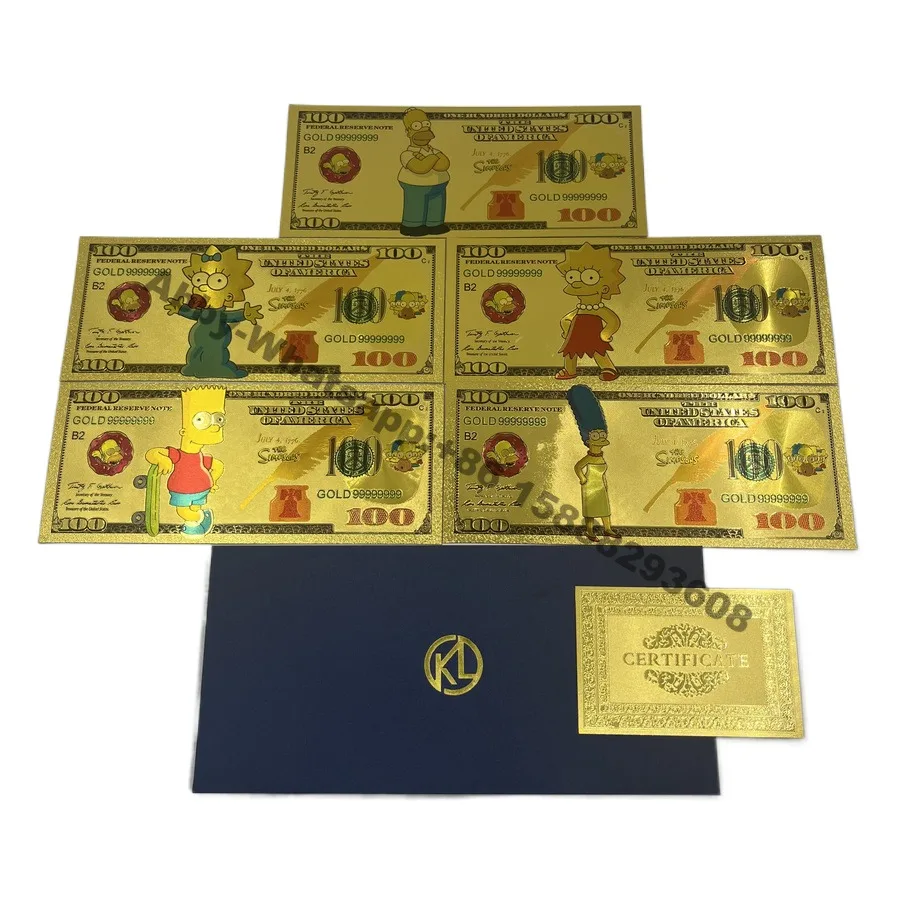 

5 models the-SSimpsonss gold plated banknote for collection US cartoon funny gift cards for kids birthday