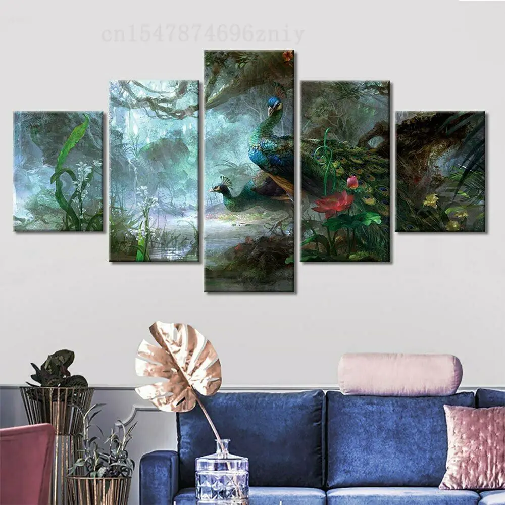 

Настенная картина «Павлин» 5 шт., Романтический настенный постер HD для декора комнаты, картины без рамки, 5 панелей