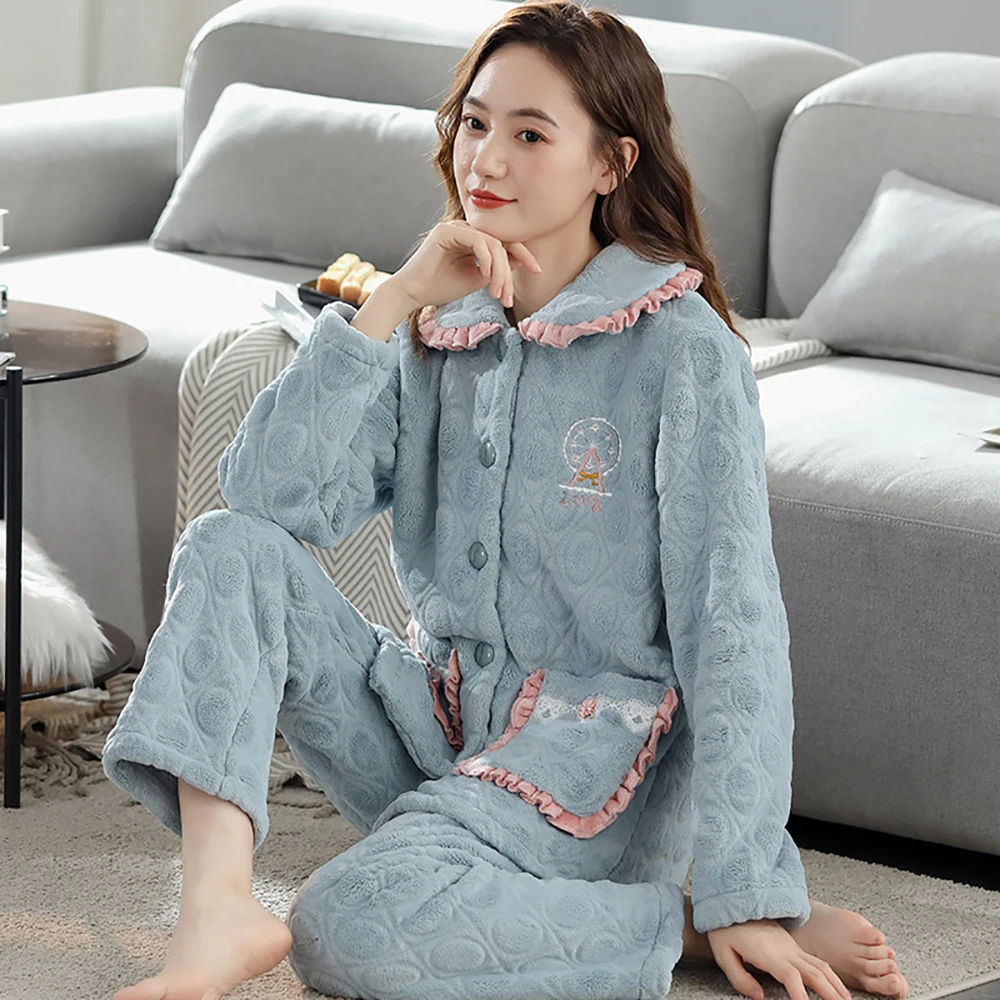 Women's Winter Flannel Night Wears Thick Warm Christmas Pajamas for Women Cozy Soft Pyjamas Sets Fashion Embroidery Plaid Pijama