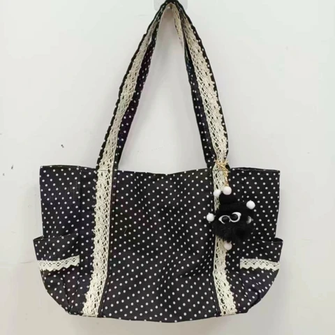 Корейская винтажная холщовая сумка в горошек, женская милая сумка с кружевной ручкой, большая вместительная сумка-тоут с текстурой, универсальные сумки для путешествий