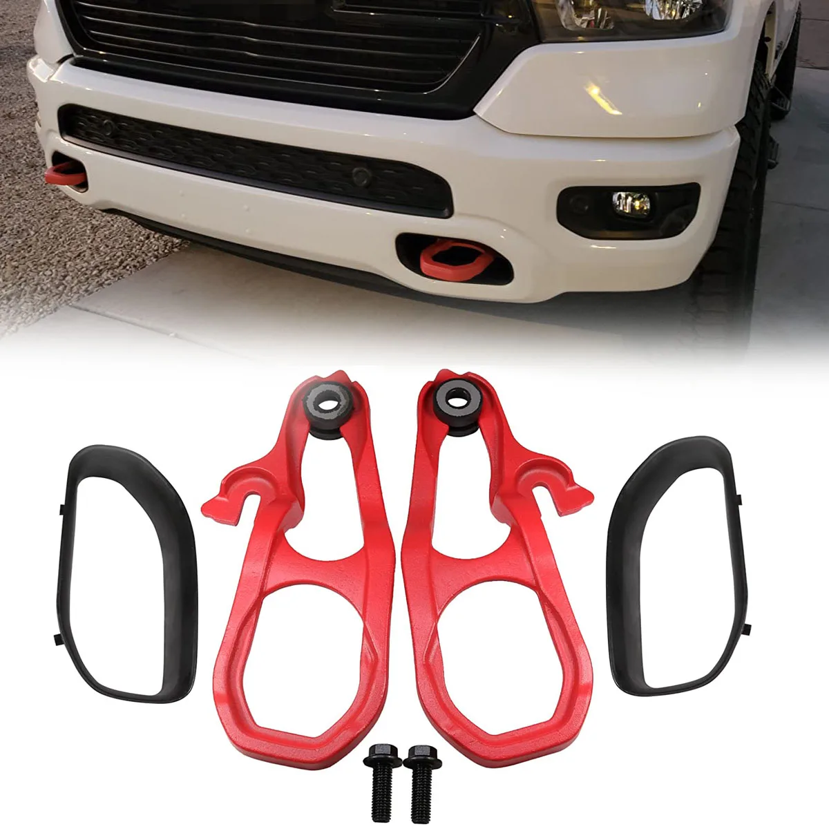 Front  Bumper Tow Hitch Hook Left Right with Bezel Guard for Dodge Ram 1500 2019 2020 2021 2022