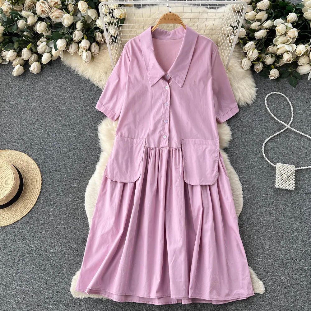 

VANOVICH Summer 2023 New French Style Vintage Sweet Two-piece Turn-down Collar Short Sleeve Loose Waist Pleated A-line Dress