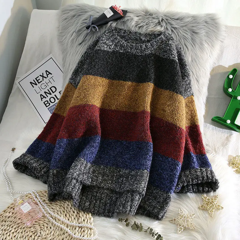 

Stripe Knit Sweater Long Sleeve O Neck Knitted Pullover Tops Female Jumper Autumn Winter Streetwear White Casual Sweaters D156