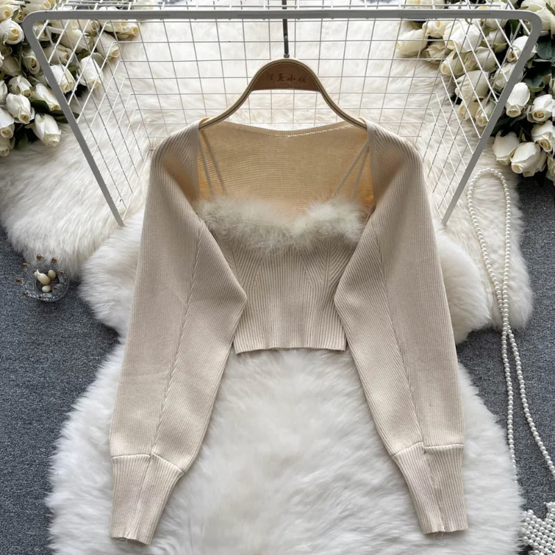 

Hikigawa Chic Fashion Women Early Autumn Solid Knitted Caigidan Shawl Outerwear+Sexy Fairy Design Camisole Cropped Y2k Top Mujer