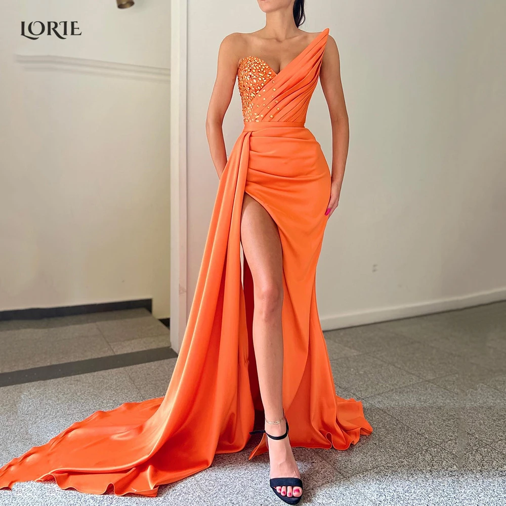 

LORIE Orange Evening Dresses Crystals Off Shoulder Mermaid Bodycon Celebrity Gowns Side Slit Sleeveless Pleat Formal Party Dress