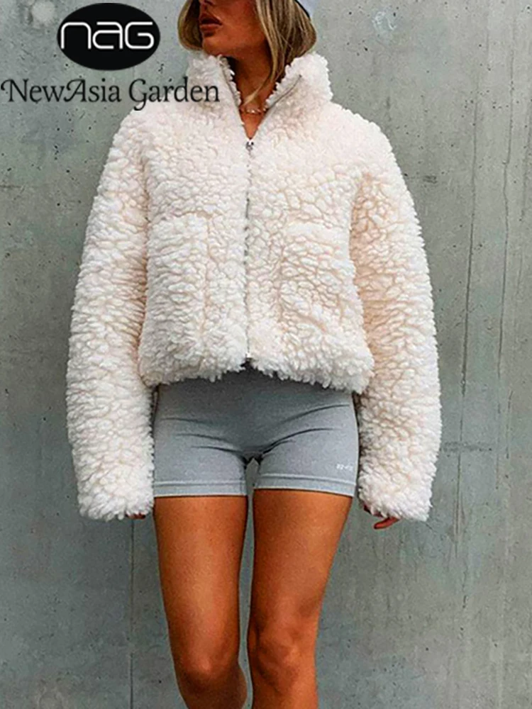 

Женская флисовая куртка с длинным рукавом в стиле невазии, пушистая укороченная куртка на молнии с карманом и высоким воротником, пушистое ...