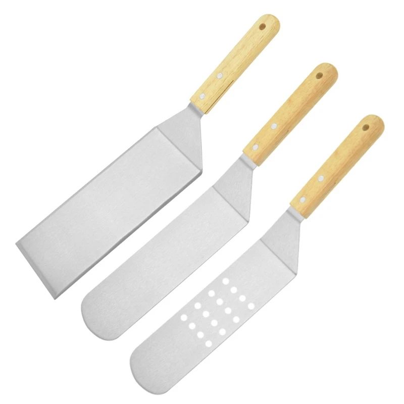 

Spatula With Strong Wooden Handle Professional Food Flipper Scraper Sturdy Stainless Steel Baking Tools For Grilling, Cooking