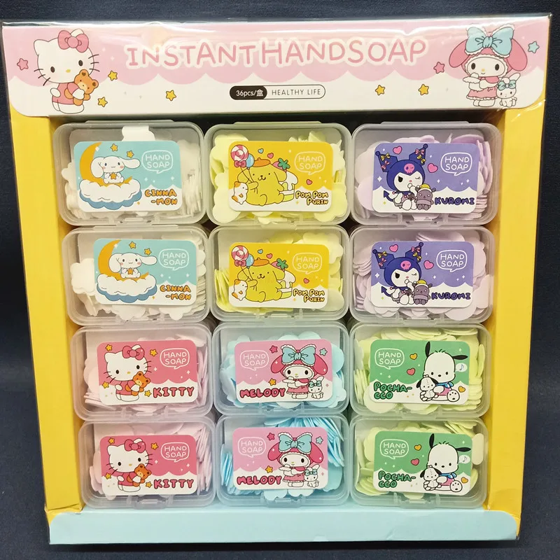 

36pcs Hello Kitty Sanrio Kuromi My Melody Cartoon Soap Flower Wash Hand Box Pom Pom Purin Color Petal Disposable Hand Wash Soap