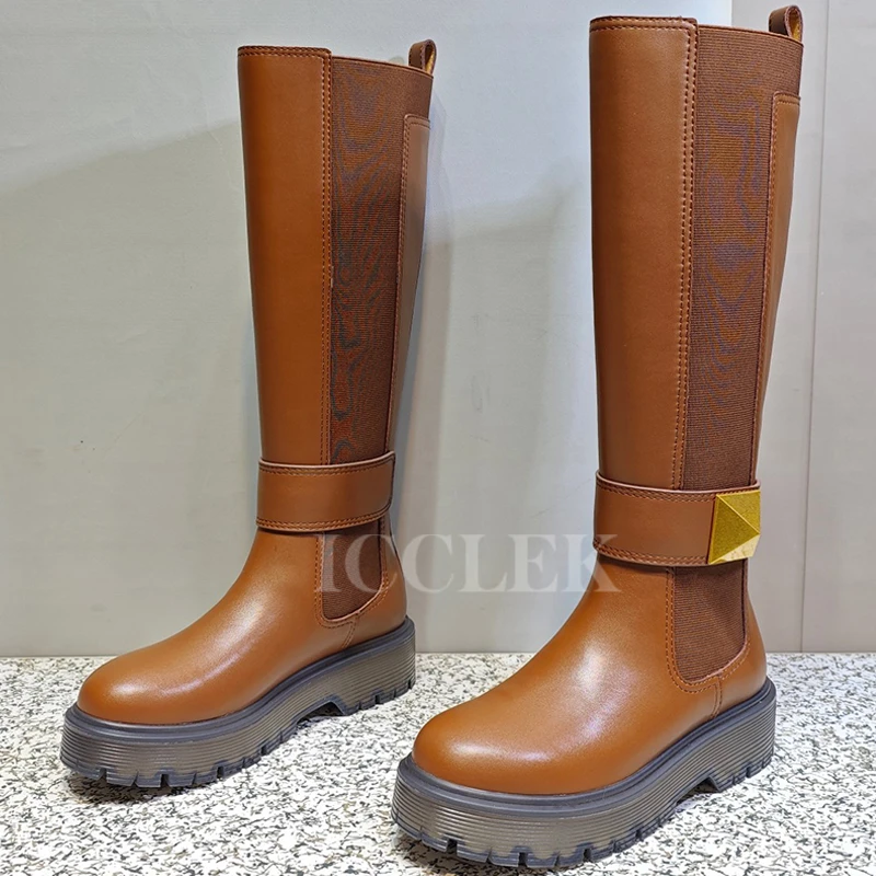 

Новинка, осенние женские длинные сапоги, банкетные Прямые сапоги с видимой длиной ноги, украшение с металлическими заклепками, женская обувь, увеличивающая рост