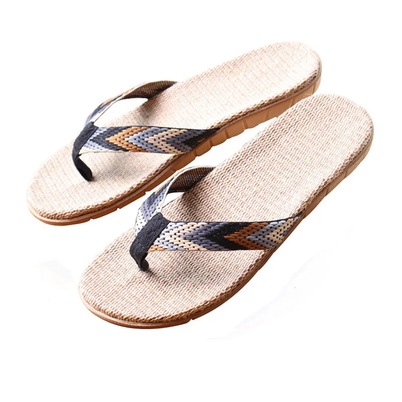 ISSACOCO Men's Linen Flip Flops Striped Ribbon Sandals Flat EVA Non-Slip Linen Slides Home Slippers Man Casual Straw Beach Shoes