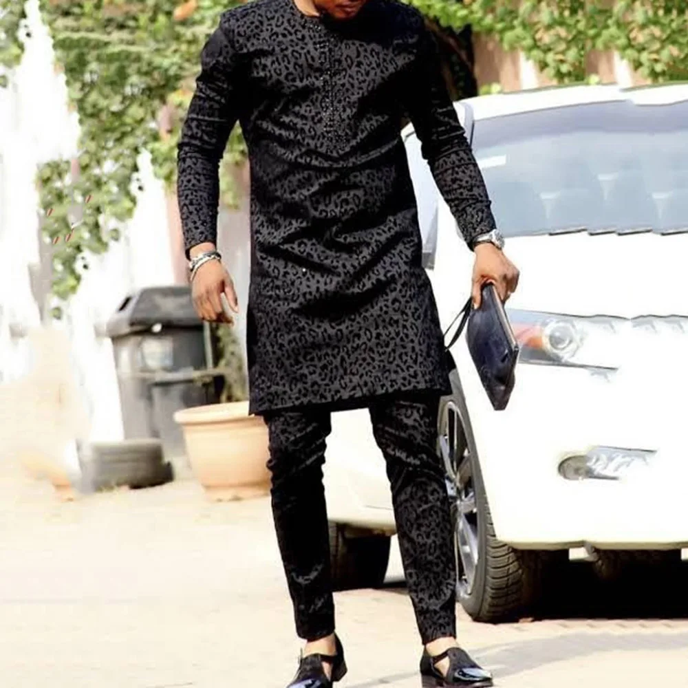 M-4XL Spring Autumn African Men Long Sleeve Round Neck Black Polyester Two Pieces Sets Top and Long Pants African Clothes Men