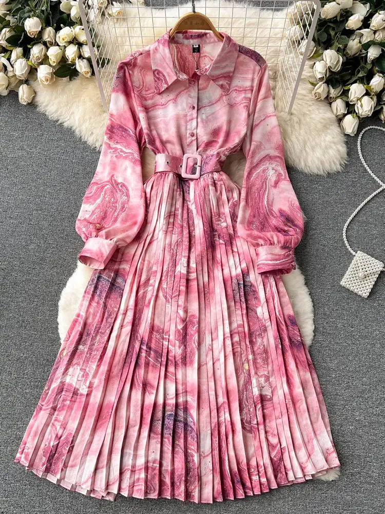 

Elegant Retro Runway Deaigner Spring Fall Shirt Satin Dress for Women Long Sleeve Printted Slim Pleated Mid-length Dress N1856
