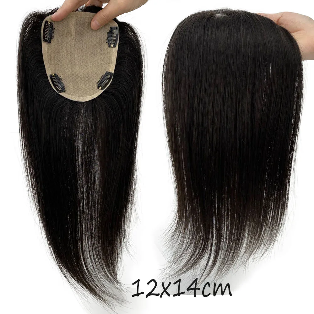 12x14cm PU Skin Base Topper Virgin European Human Hair Toupee For Women 9x13cm Silk Top Hair Piece with Clips in Natural Black