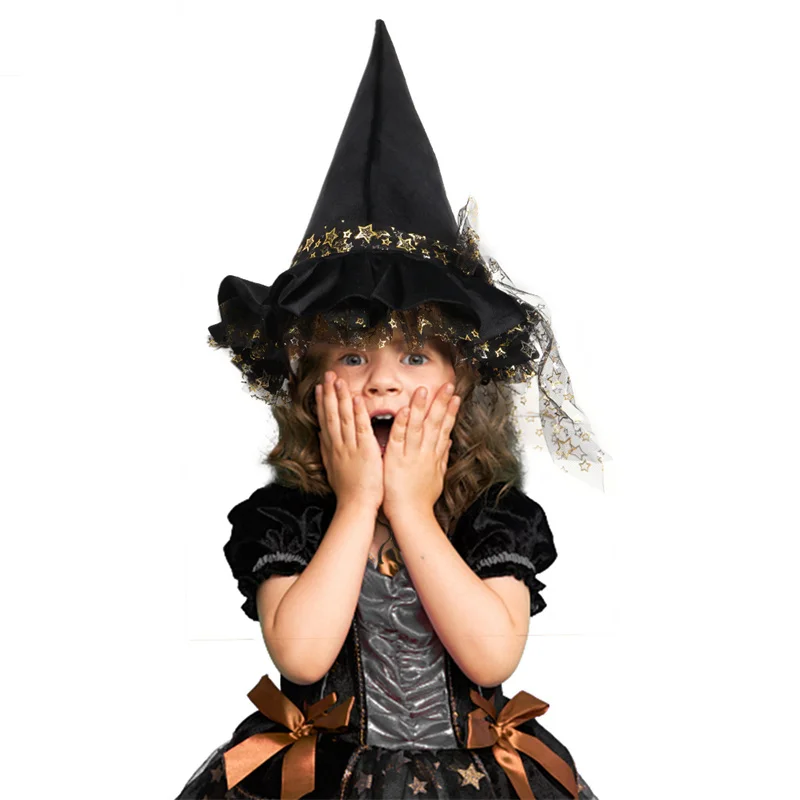 

DAZCOS Kids Velvet Black Witch Hat Star Lace with Ruffles Hat Children Cosplay Costumes Party Accessory Halloween Exquisite Gift