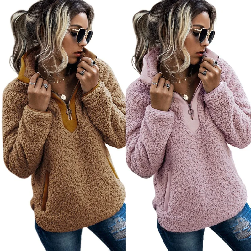 

2Pcs Women Sherpa Sweater Teddy Fleece Pullover Half Zipper Sherpa Fleece Tops Female Warm Coat Sweaters S Pink & Camel