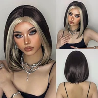 henry margu short bob brown highlight blonde synthetic wigs straight wig for black women cosplay natural hair wig heat resistant