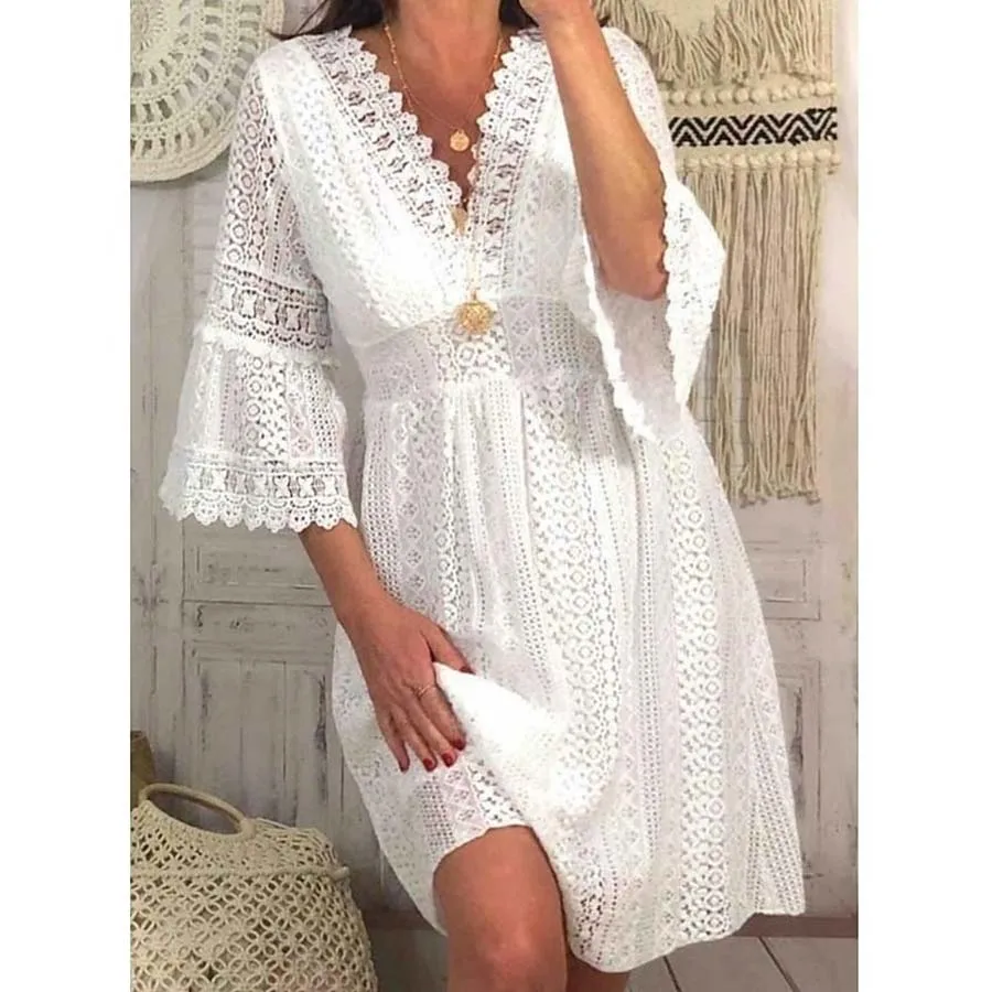 

Summer Ladies Lace dress V-neck Hollowed Out Lace Trumpet Sleeve Dress Holiday Office Skirts Women Clothing