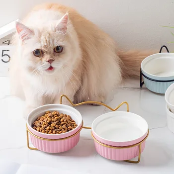 Ulmpp Cat Bowl Ceramic Pet Feeding Feeder with Stand Mat Kitten Puppy Elevated Double Water Food Dish Dog Supplies Safe No Toxic