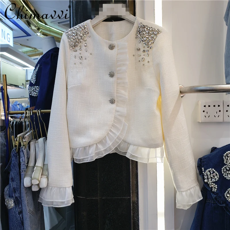 

Весна 2022 Новинка тяжелые бриллианты прошивка сетчатая оборка классический стиль пальто модное тонкое темпераментное длинное короткое пал...