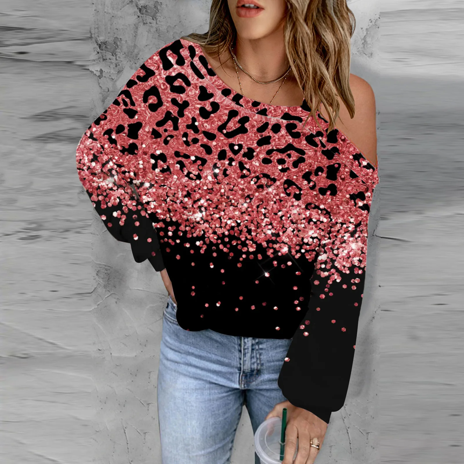 

Fashionable New Women's Loose Sloping Collar Long Sleeved Top Gradual Sweater Casual All-match Commuter Tops Female and Lady