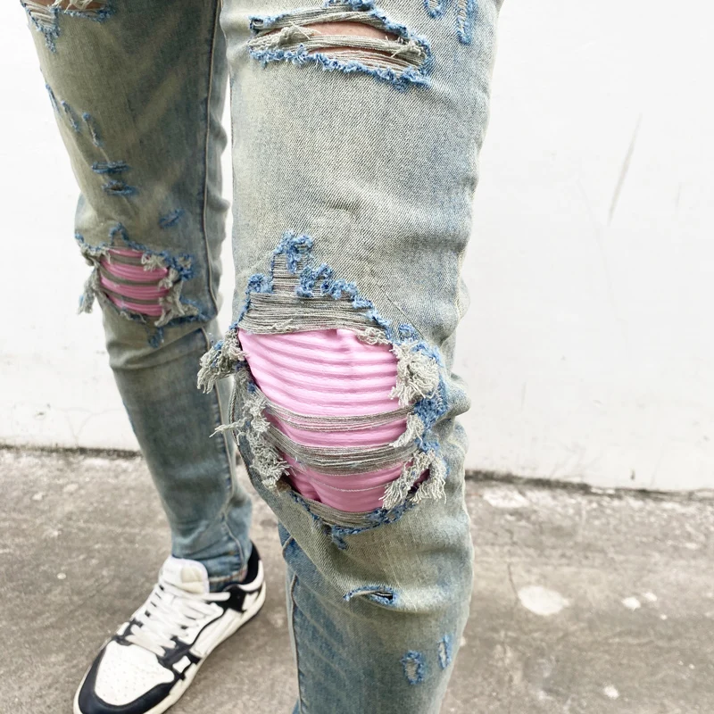 High Street Fashion Men Jeans Retro Blue Stretch Skinny Fit Hole Ripped Jeans Men Patched Designer Hip Hop Brand Pants Hombre