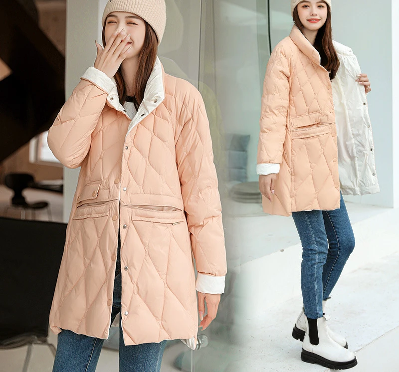 Coats for Winter Women Down Jacket Light Medium Long Standing Collar Slim High Fleece Content Cold-resistant Warm Coat Overcoat