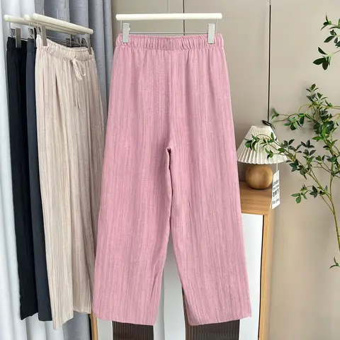 Новые летние широкие брюки больших размеров, женская одежда, 100 кг, простые и тонкие прямые повседневные длинные брюки из ледяного шелка 8579