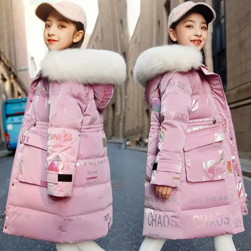 

Girls Wash Free Thickened Cotton Kids Coats 2022 New Child Keep Warm Outerwear Knee Parkas -30 Degree Russia Fashion Down Jacket