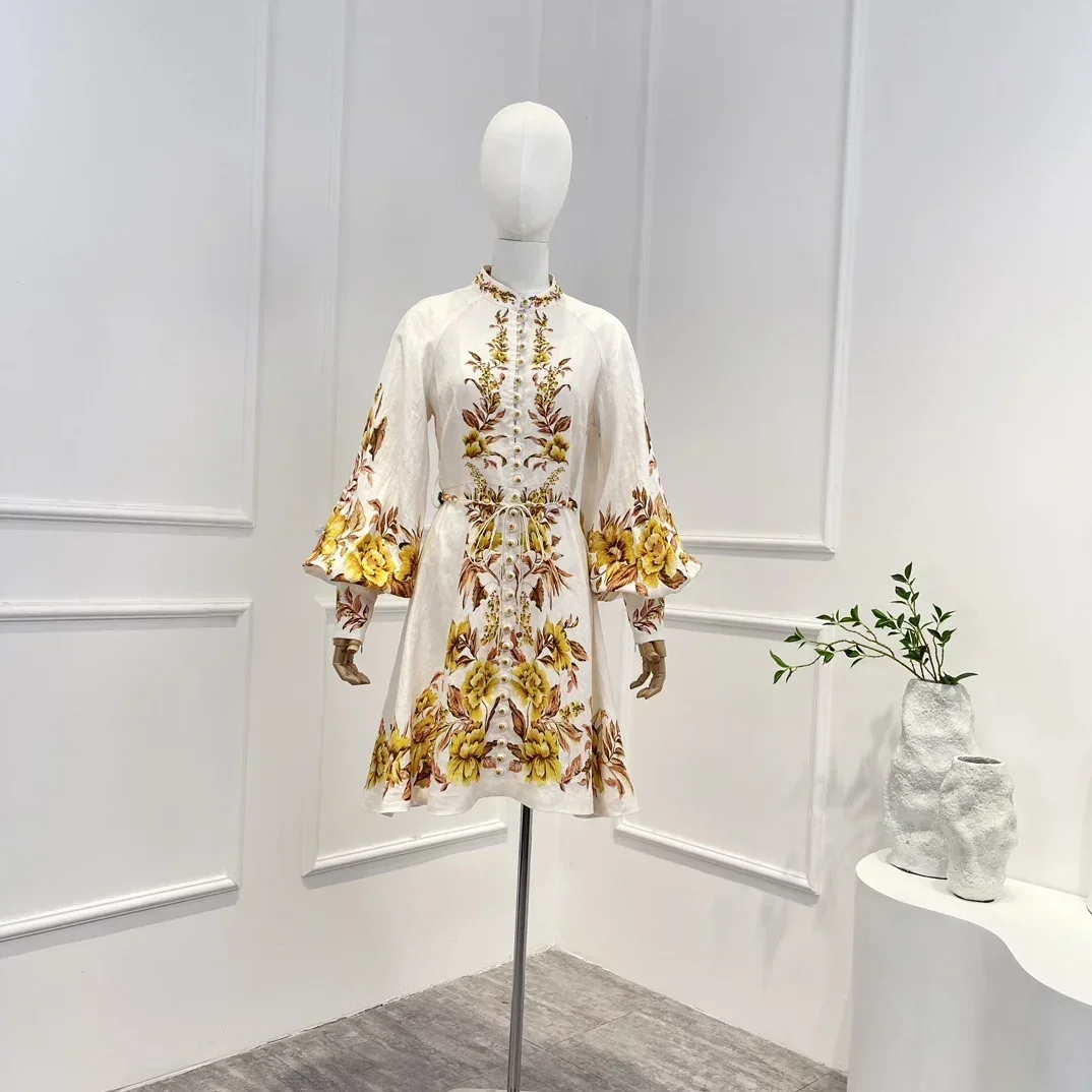 

2023 New Vintage Spring Summer Linen High Quality Yellow Floral Printing Long Lantern Sleeve Woman Mini Dress