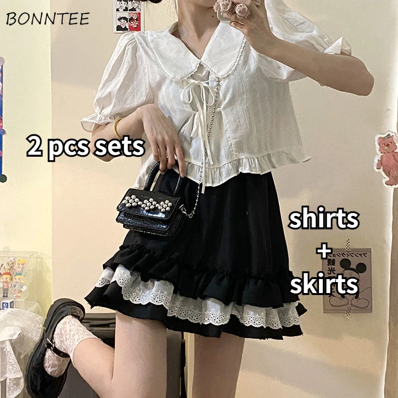 

Sets Women Summer Vintage Chic New Street Fashion Kawaii Lace Sweet Peter Pan Collar Shirts A-line Skirts Girlish Korean Style