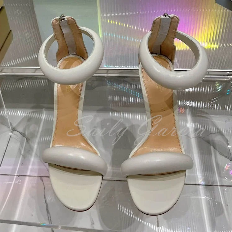 Sexy Banquet Leather Sandals Ladies Brand New One-Line Back Zipper Round Toe Stilettos Gold White Red Sandals Large Size 43