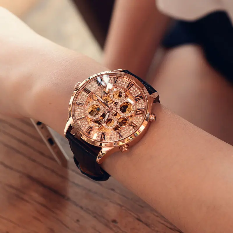 

Automatic Mechanical Watch Personality Hollow out See-through Genuine Leather Large Dial Watch Diamond Watch