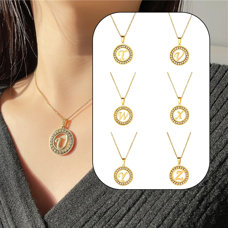 

Элегантные круглые стразы, оригинальные буквы, ранние ожерелья для женщин, золотой тон, титановая сталь, подвеска с именем, очаровательное женское украшение для вечерние, подарок