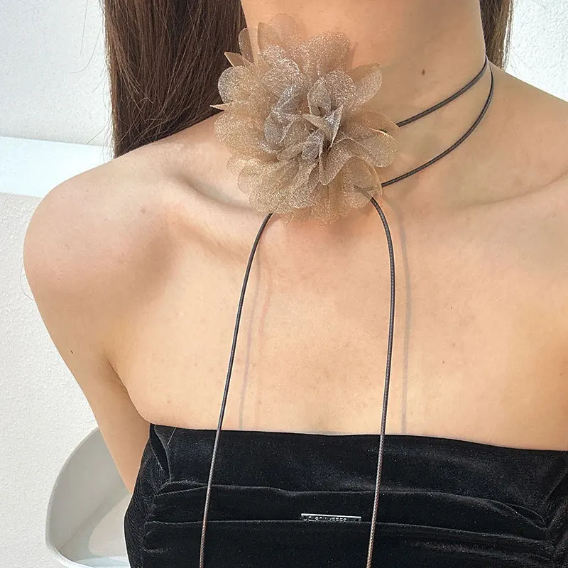 Goth Lace Big Flower Clavicle Chain Necklace for Women Romantic Exaggerated Kpop Adjustable Bowknot Choker Dinner Party Jewelry