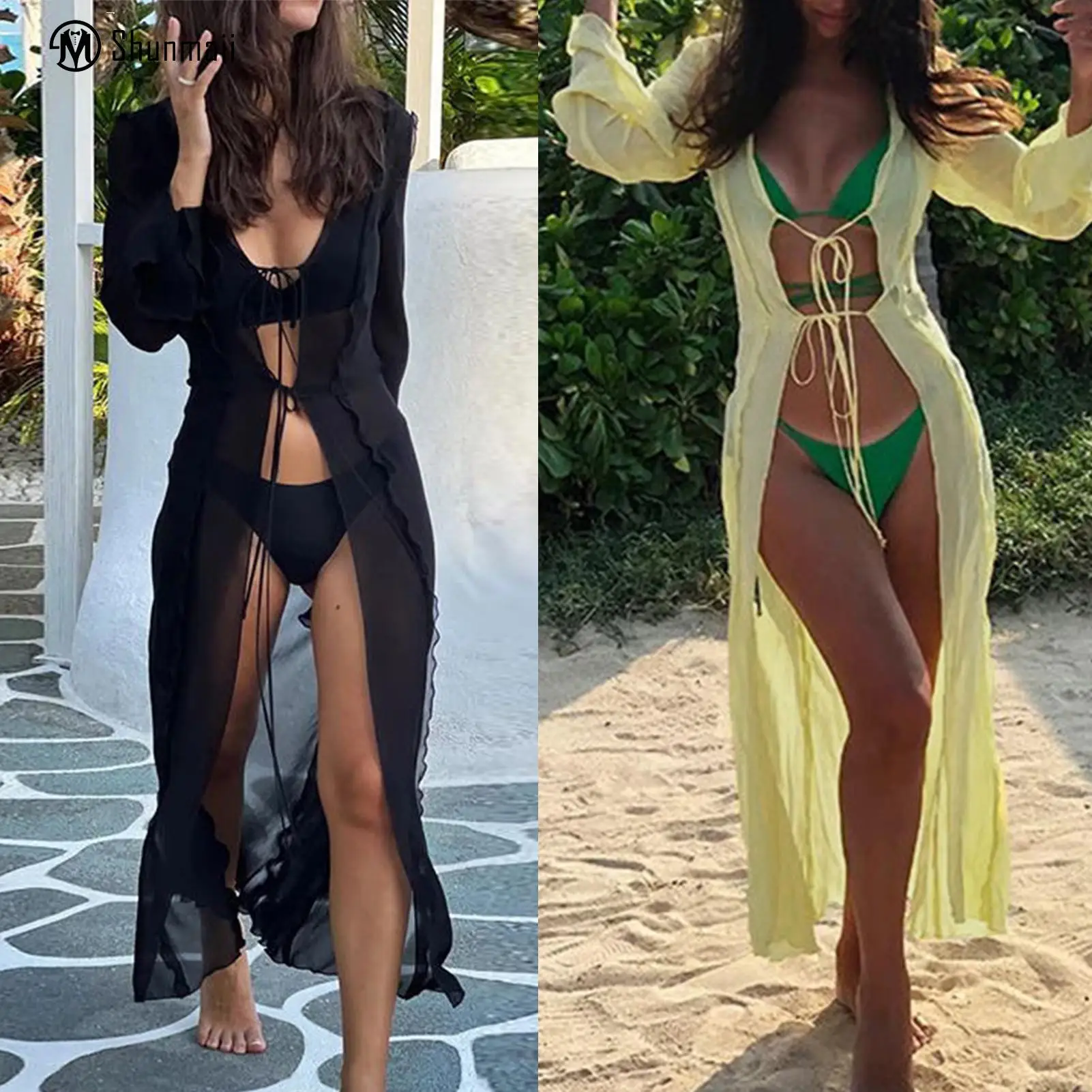 

Купальник с длинным рукавом и оборками на подоле, Женская Длинная накидка, однотонная Элегантная стильная прозрачная пляжная одежда