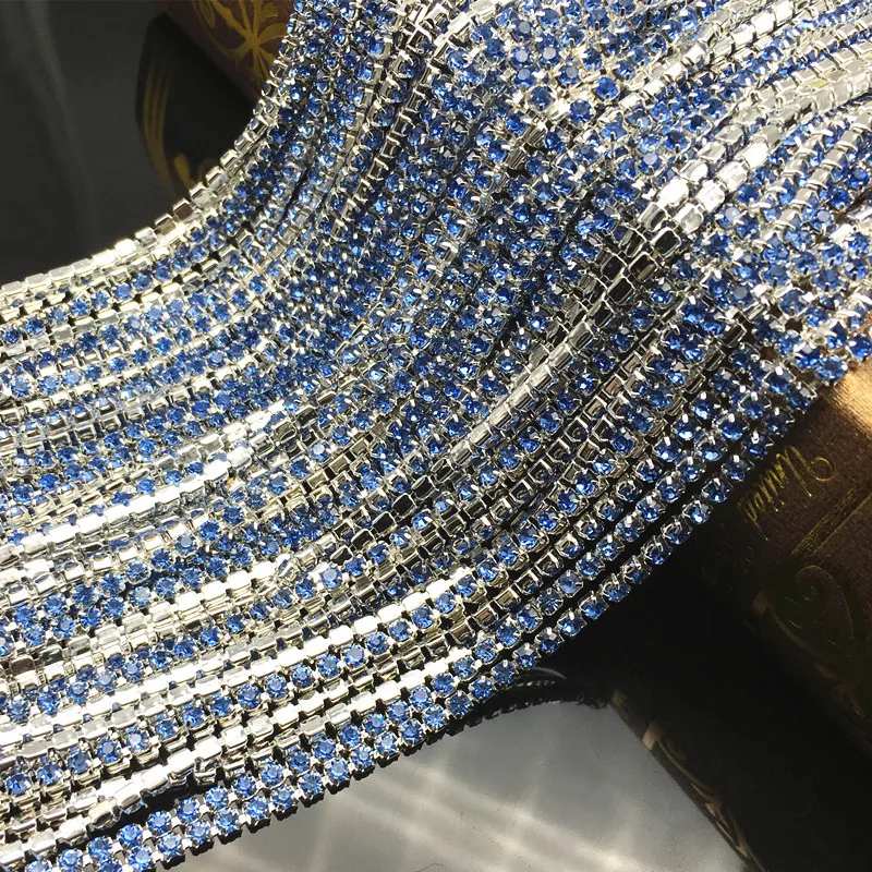 

MYC 1 Meter Shiny Crystals Dense Rhinestones Chain Silver Claw Base Chain Non Hotfix Strass Trim Sewing Rhinestones Chain Crafts