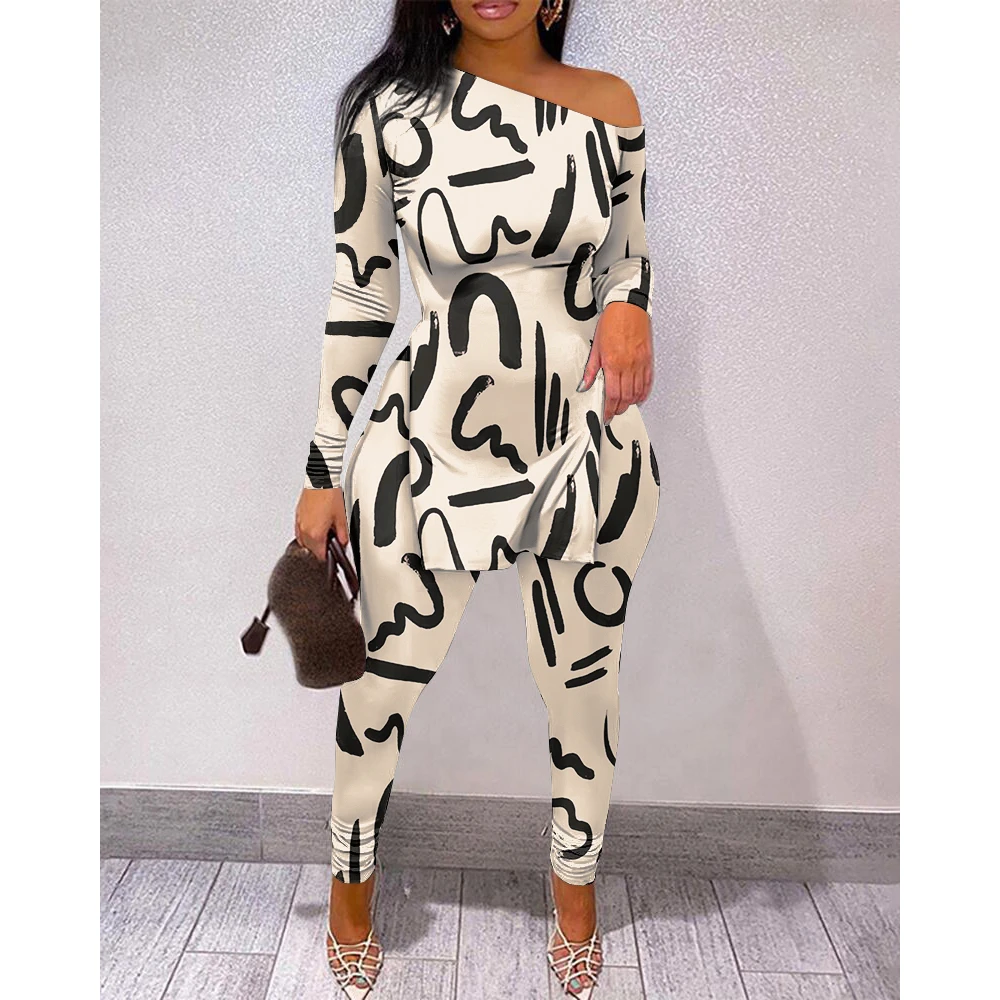 

Summer Women's Letter Print Split Hem Top & Pants Set 2022 Femme Casual Long Sleeve Top & High Waist Pants Set Ladies Outfit