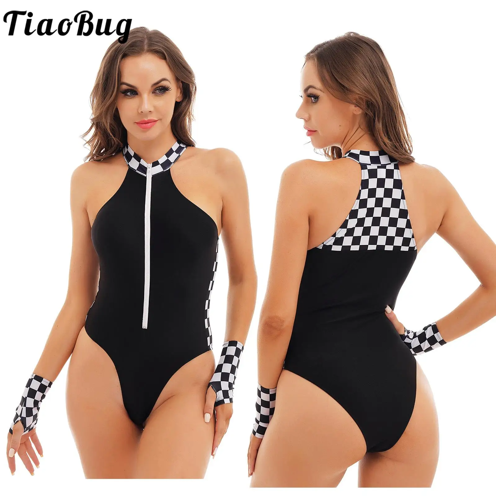 

Tiaobug Womens Cosplay Racing Driver Outfits Sleeveless Grid Bodysuit with Gloves Color Patchwork front Zippers for Theme Party