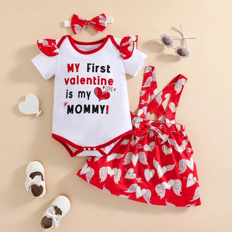 

Baby Girl My 1st Valentine's Outfit Long Sleeve Letter Print Romper Suspender Skirt with Headband 3Pcs Clothes Set 0-24 Months