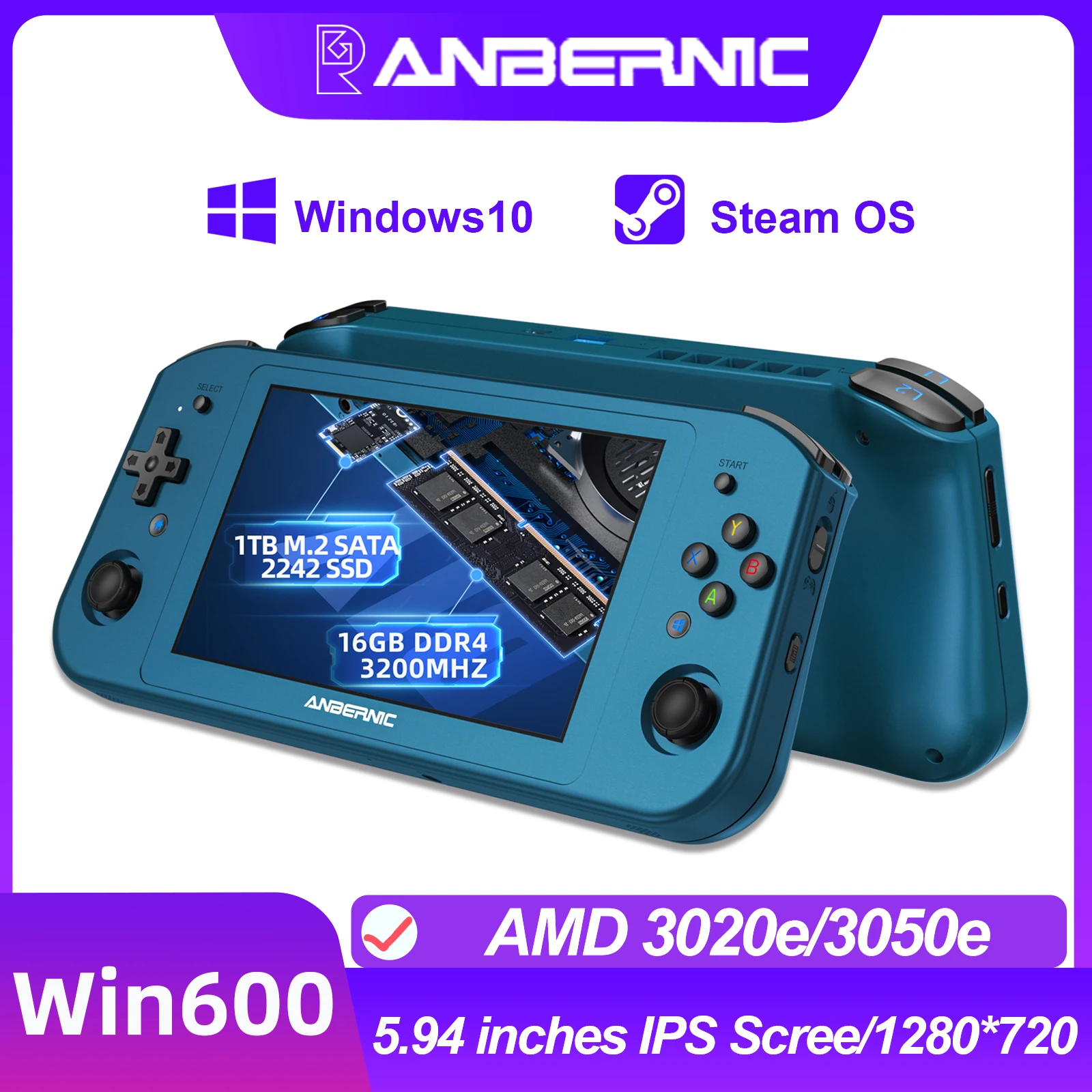 ANBERNIC Win600 PC Games Handheld AMD 3020e/3050e 5.94 Inch IPS Screen Office Video Game Console Windows 10 WiFi5  Pocket Laptop