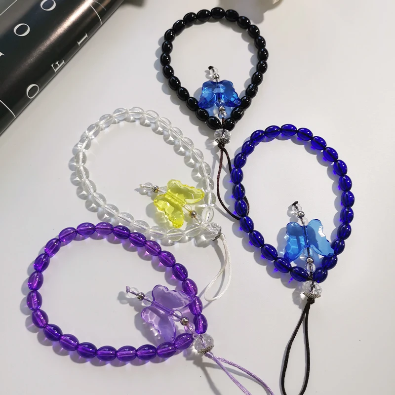 

Phone Charm Hang Crystal Bead Butterfly Drop Mobile Phone Chain Cellphone Strap Anti-lost Lanyard For Women Summer Wrist Jewelry