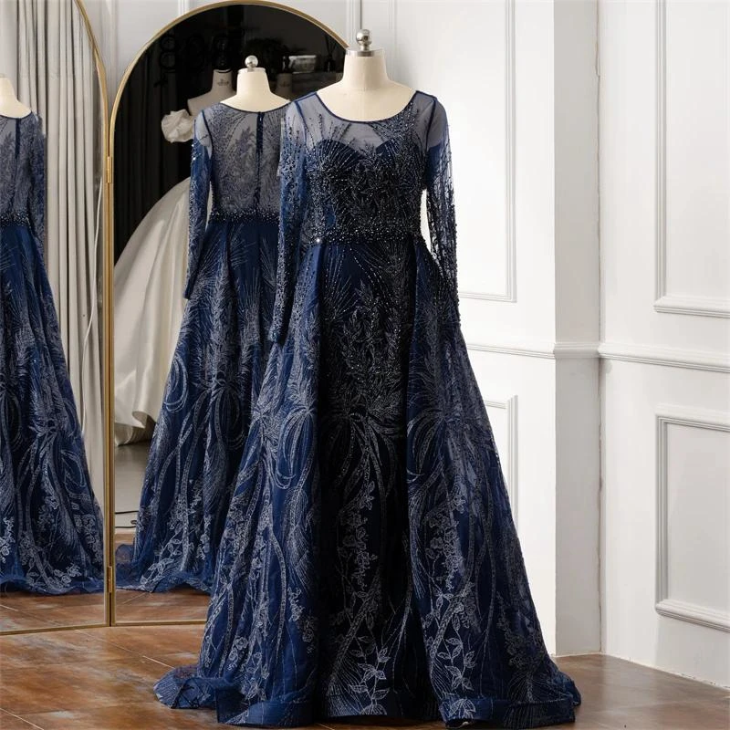 

Navy Evening Dresses Long Sleeves Beaded Elegant Prom Party Dress Tulle Formal Evening Gown For Woman vestidos de noche