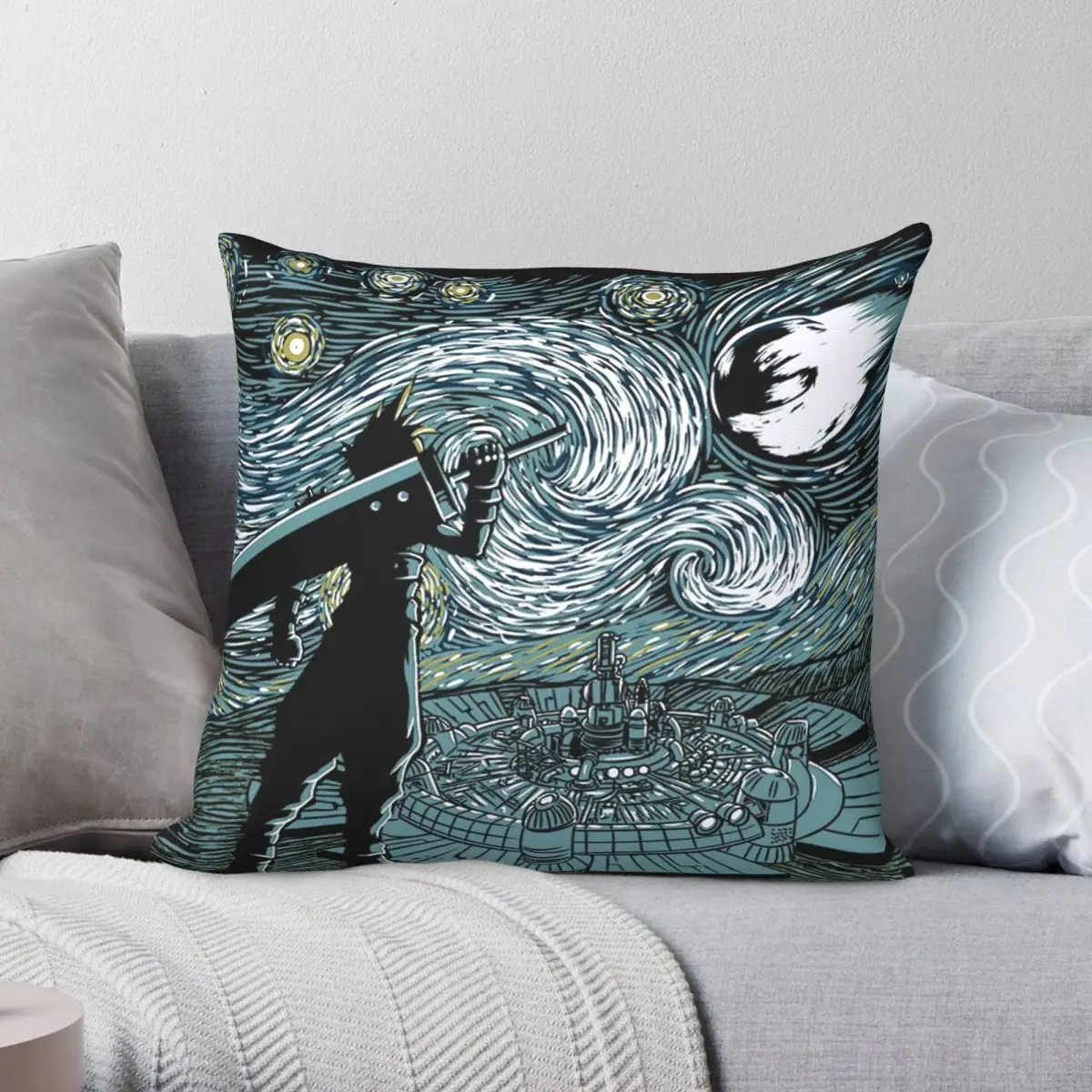 

Final Fantasy VII Cloud Starry Night Pillowcase Polyester Linen Velvet Printed Decorative Throw Pillow Case Room Cushion Cover